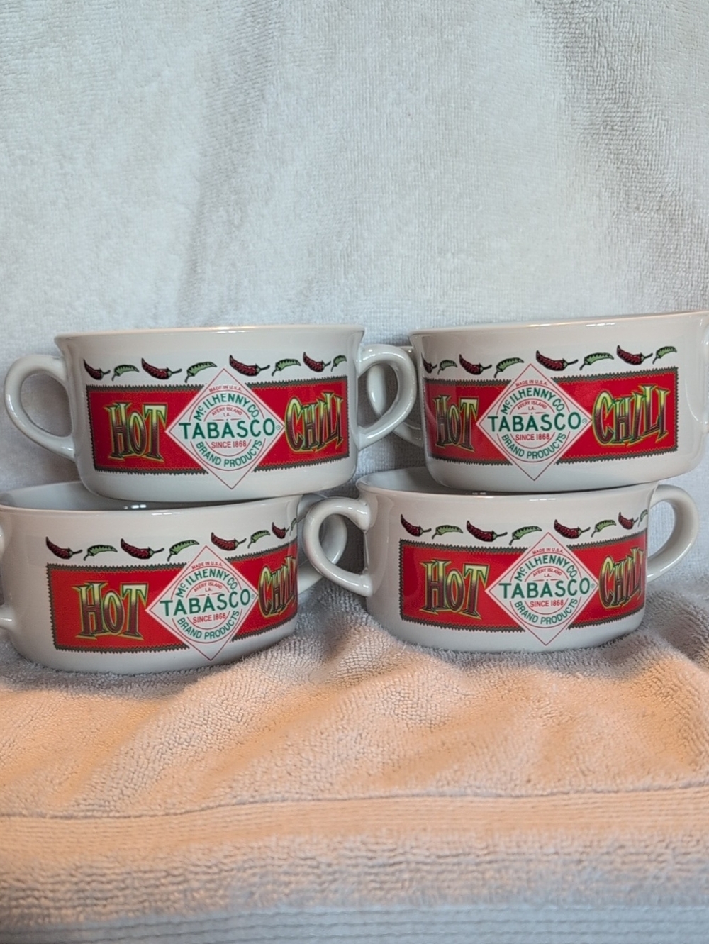Tabasco White and Red Ceramic Soup Bowls with Handles - Set of 4